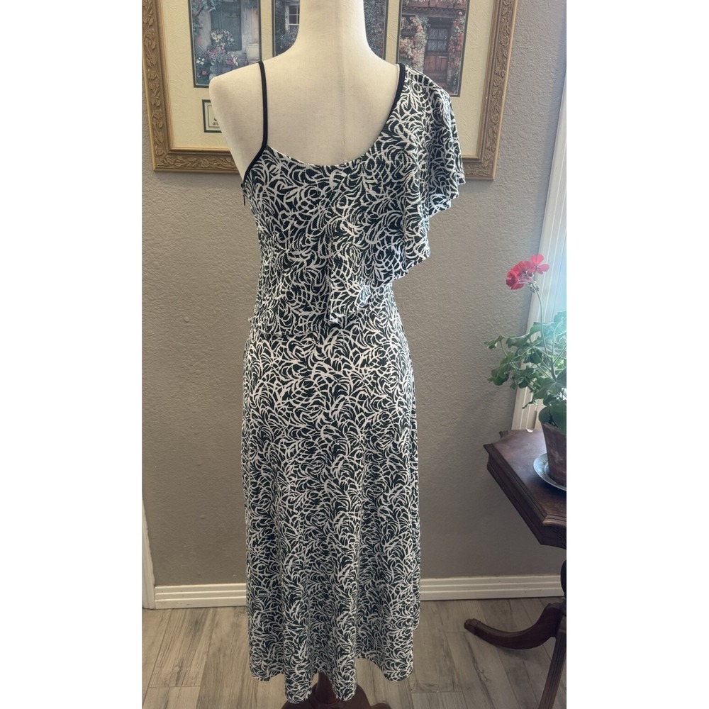 Club Monaco One Shoulder Ruffle Cocktail Party Dress Black White Swirl Stretch 0 - Picture 5 of 6